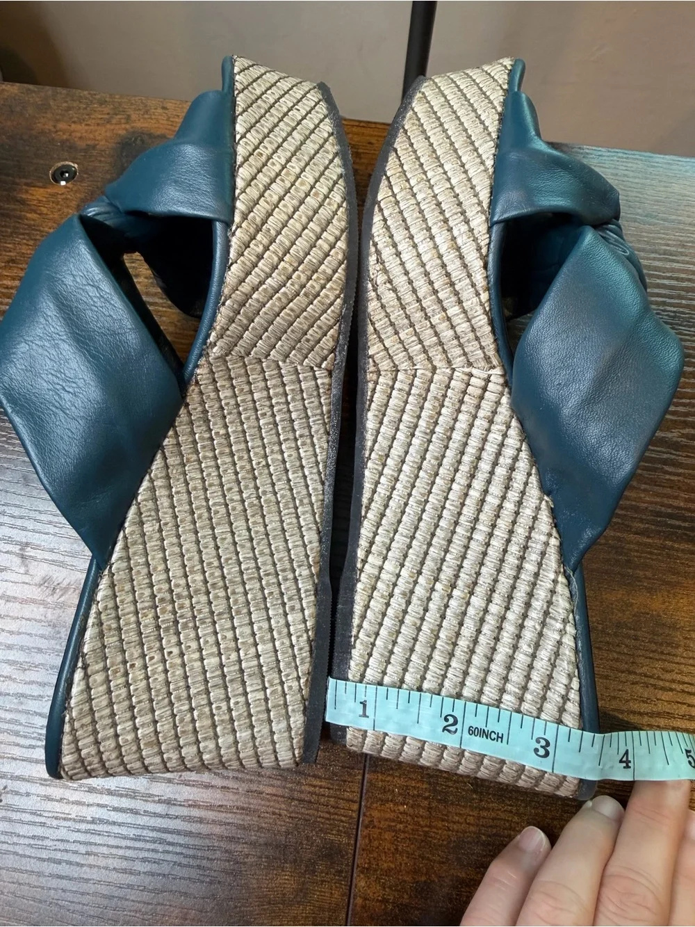 Bruno Menegatti wedge sandals blue leather knotted upper woven platform Size 8
